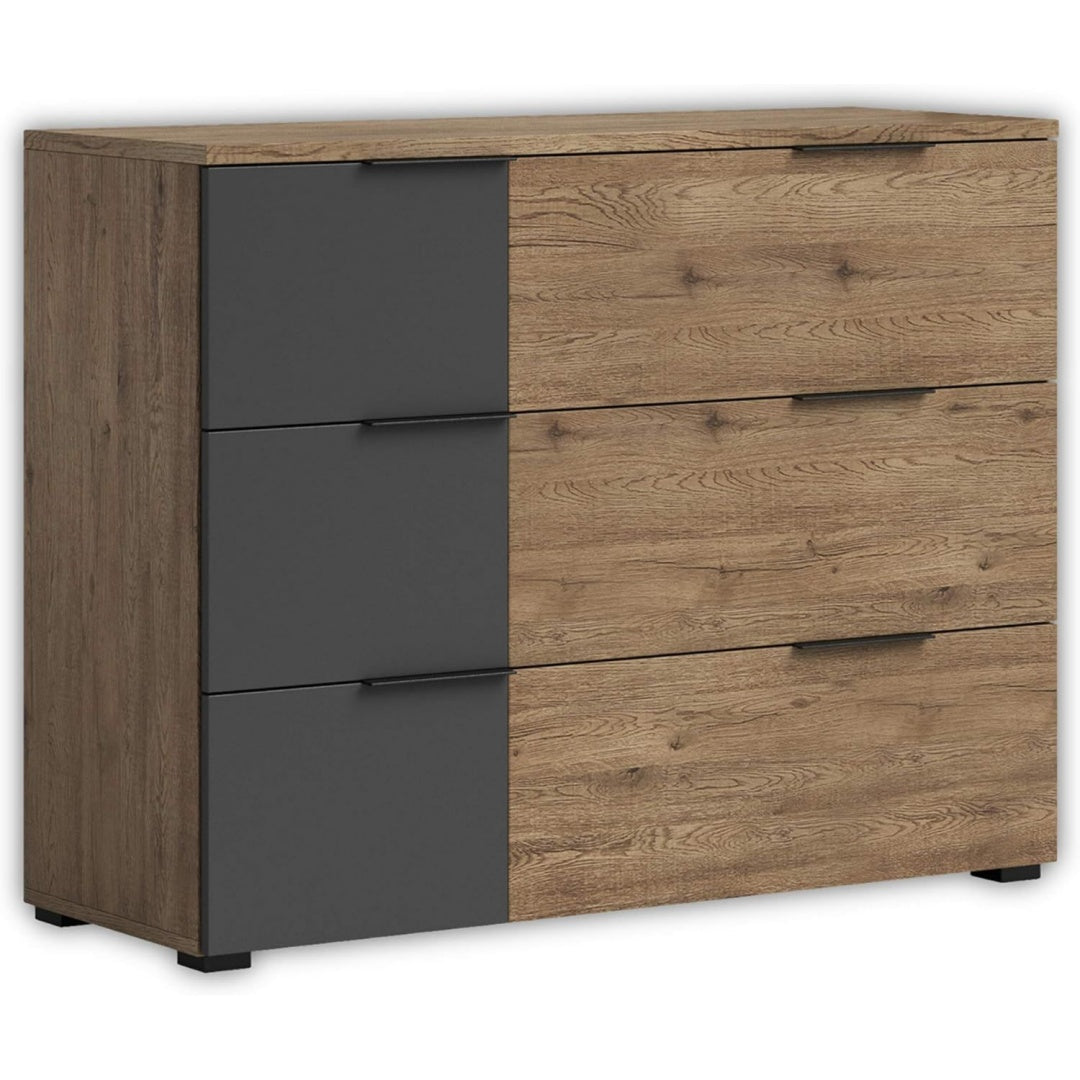 Das Sideboard zeigt Schubladen in Anthrazit und Eichenbraun