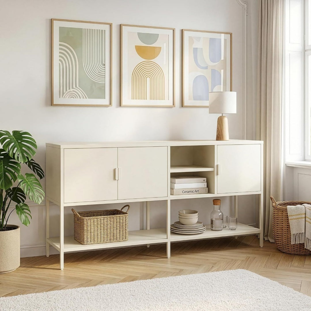 3 Tueren und offene Ablagen an dem Sideboard