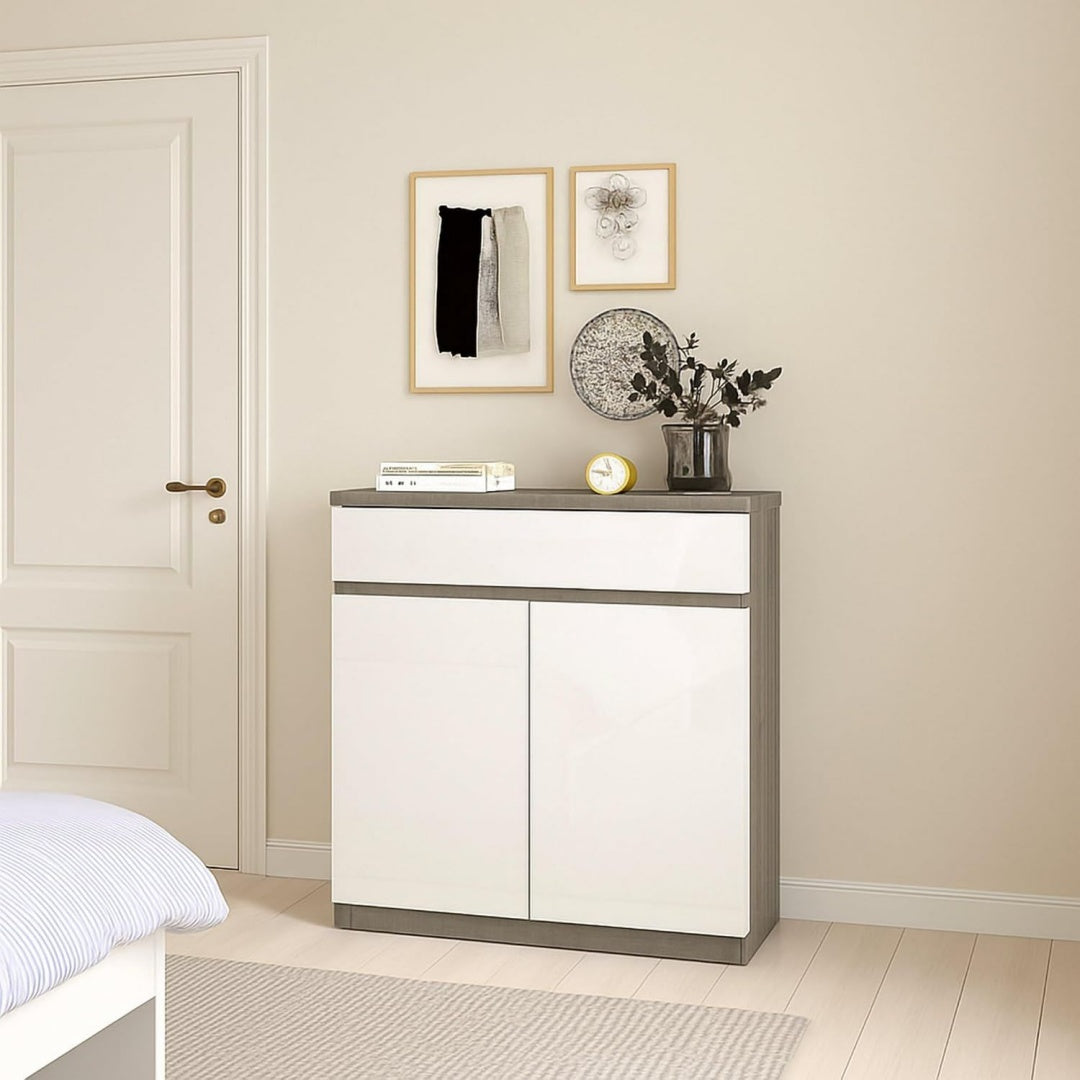 Sideboard in Weiss und Betongrau mit Schubladen